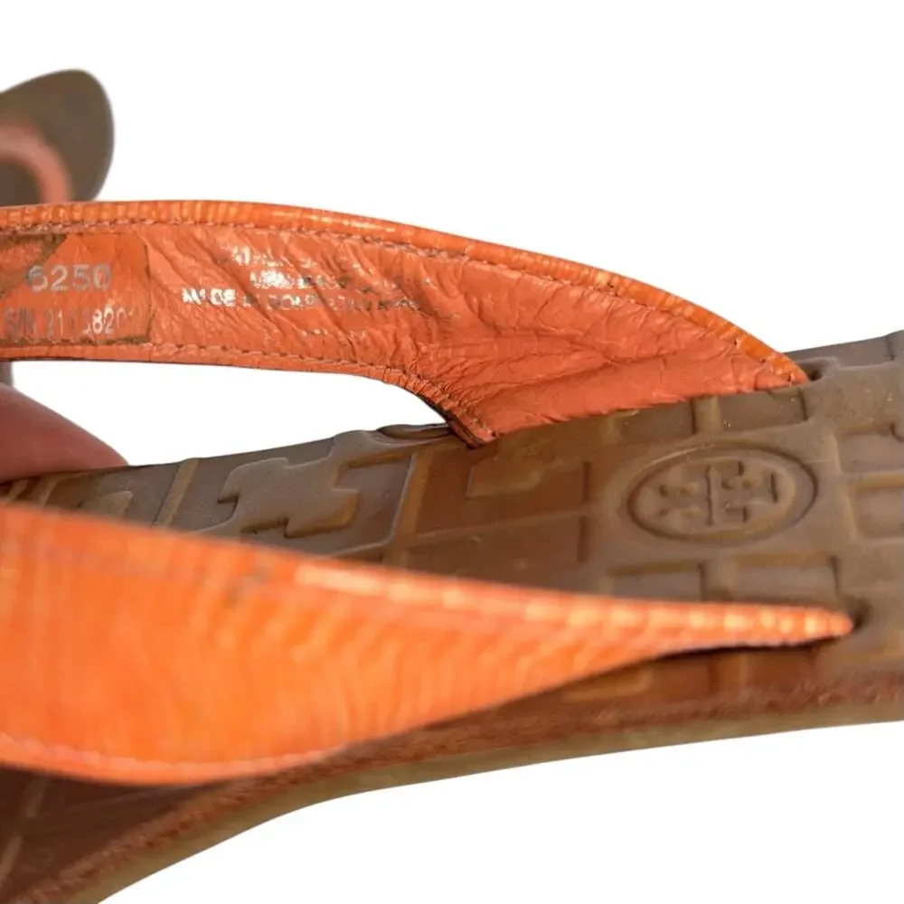 Tory Burch Thora Logo Orange Leather Thong Flip-Flop Flat Sandal Women's Size 9